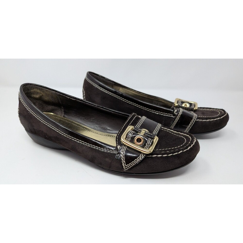 Etienne Aigner Solo Womens 9M Brown Suede Buckle Loafers Preppy Academia Flats